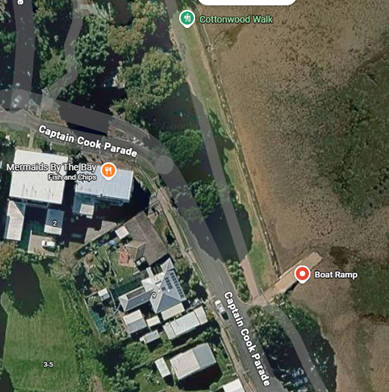 An Aerial view from Google maps showing Captian Cooke Parade and the boat ramp.