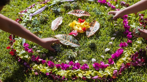 A circle made by two people of flowers and shells