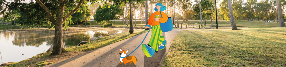 A cartoon image of a person walking their dog in a park surrounded by green grass, trees, and a lake.