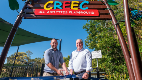 Mayor Peter Flannery and Councillor Tony Latter cutting the ribbon to open CREEC Adventure Park.png