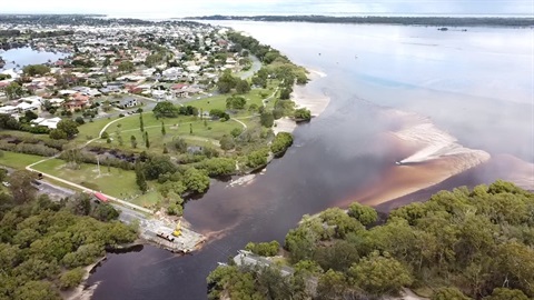 Aerial photo of White Patch Esplanade Causeway when it washed away during the February 2020 floods