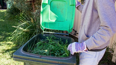 A woman in gardening gloves holds a green waste bin open