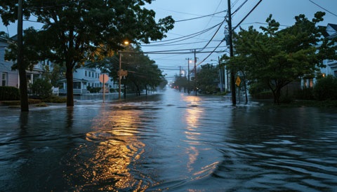 A residential street submerged in flood waters.