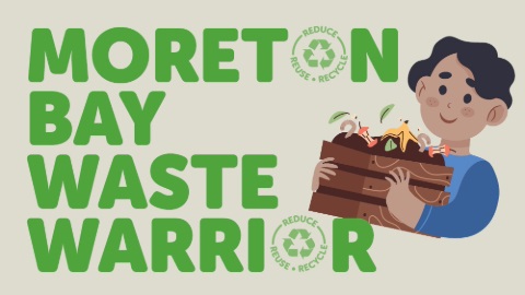 a cartoon person holding a compost bin filled with dirt, worms, old fruit and leaves. The words 