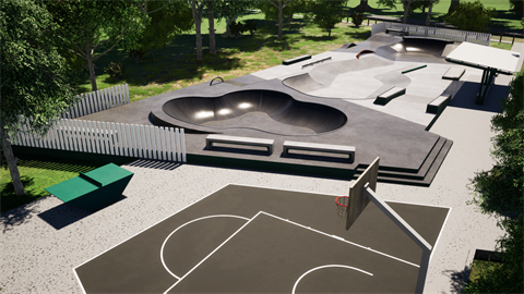 Design concept of the Dayboro Skate park showing skate bowls and shelters.