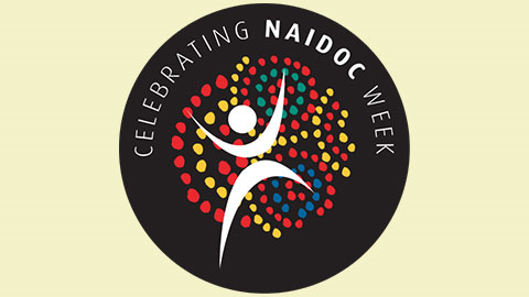 Circular NAIDOC Week logo with a stylised human figure and multicoloured dot pattern, surrounded by the text “Celebrating NAIDOC Week”.