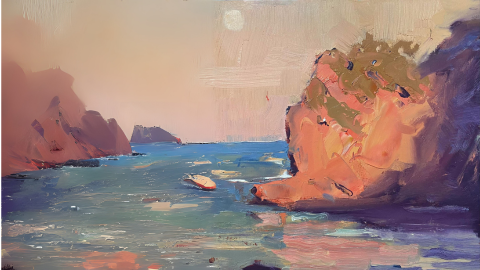 A painted coastal landscape using soft sunset colours. The ocean leads into the horizon framed by cliffs. The sun rests above.