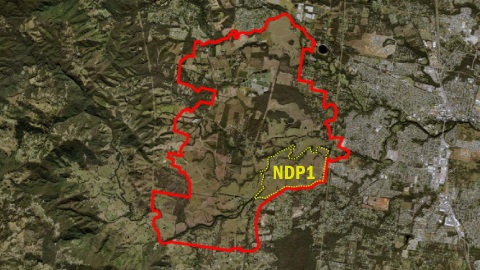 Aerial map showing a large outlined area in red with a smaller highlighted zone labeled “NDP1” inside it.