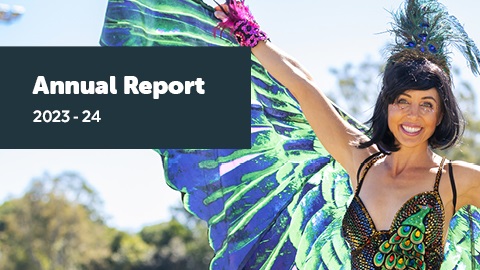 A women in costume stands to the side of the image, in front of here is a text box. inside the text box says annual report