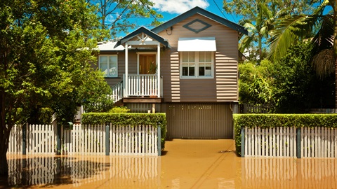 A cream high set wood paneled house is in the centre of the frame, there is brown dirty flood water surrounding the house.
