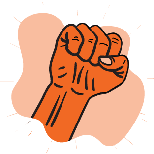 An orange arm with fit raised into the air.