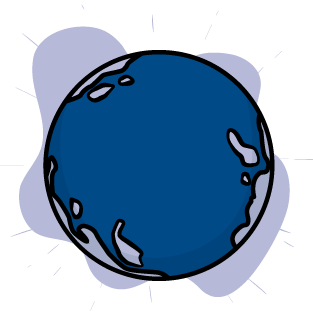 A blue cartoon graphic of Earth.