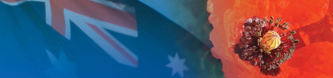 Banner with Australian flag with a red poppy flower in the foreground.