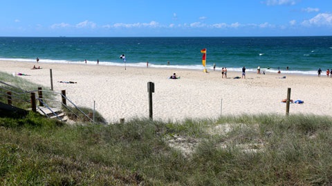 Beach front looking onto white sand and clear blue water. There is beach grass in the foreground.