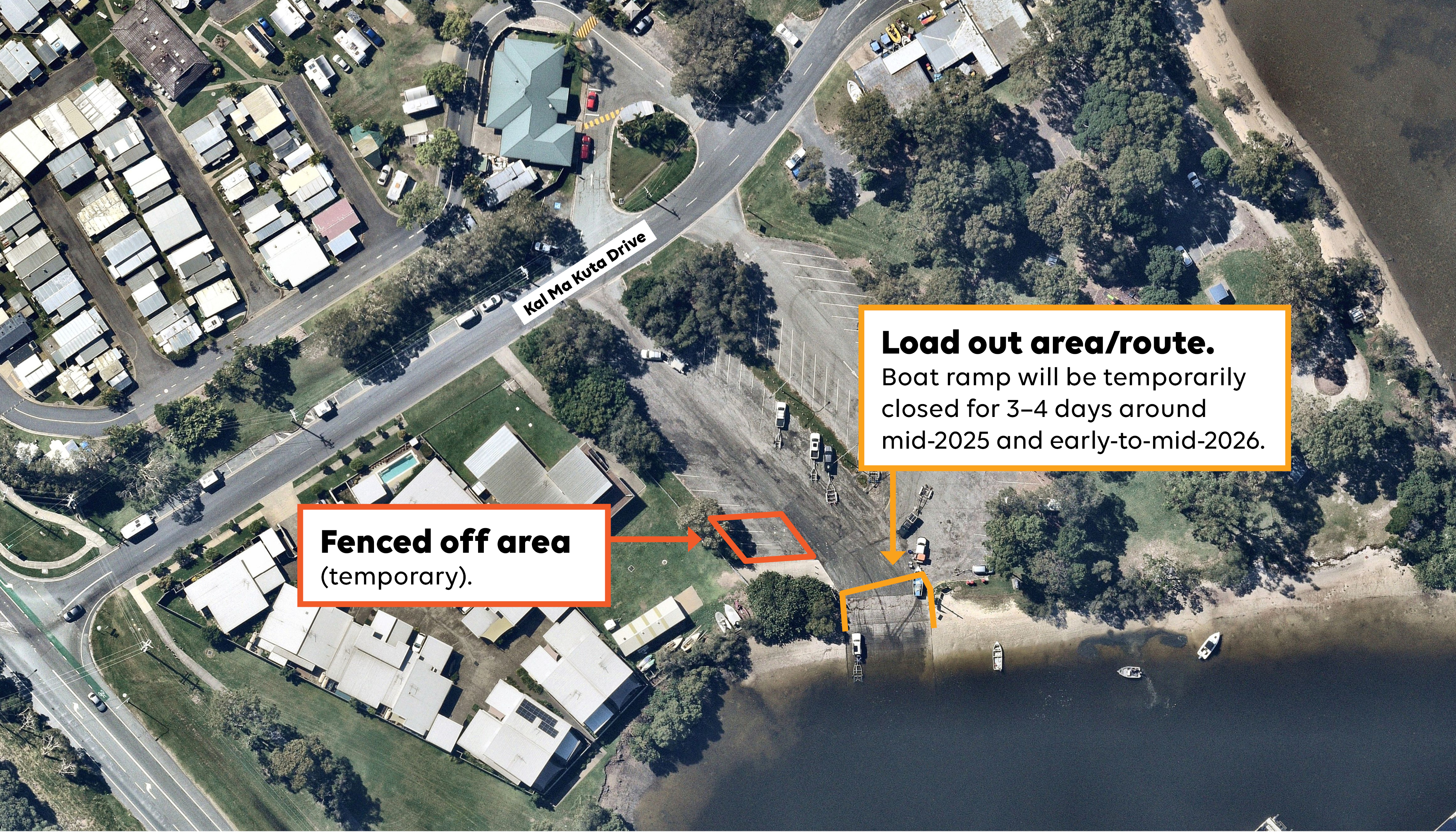 Pacific Harbour Local Dredging Maps - Right-hand side and at the bottom of the boat ramp: Load out area/route: Boat ramp will be temporarily closed for 3 to 4 days around mid-2025 and early-to-mid 2026. To the left of the boat ramp closure in boxed in red: temporarily fenced off area.