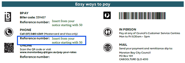 Phone payments list (07) 3480 6349 for Mastercard and Visa and a note to insert the reference number from your notice starting with 50.