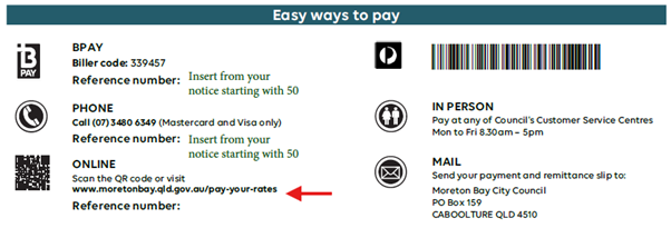 Instructions for paying City of Moreton Bay rates via BPAY, phone, online, in person, or mail, including biller code, phone number, payment URL, postal address, and a barcode. 